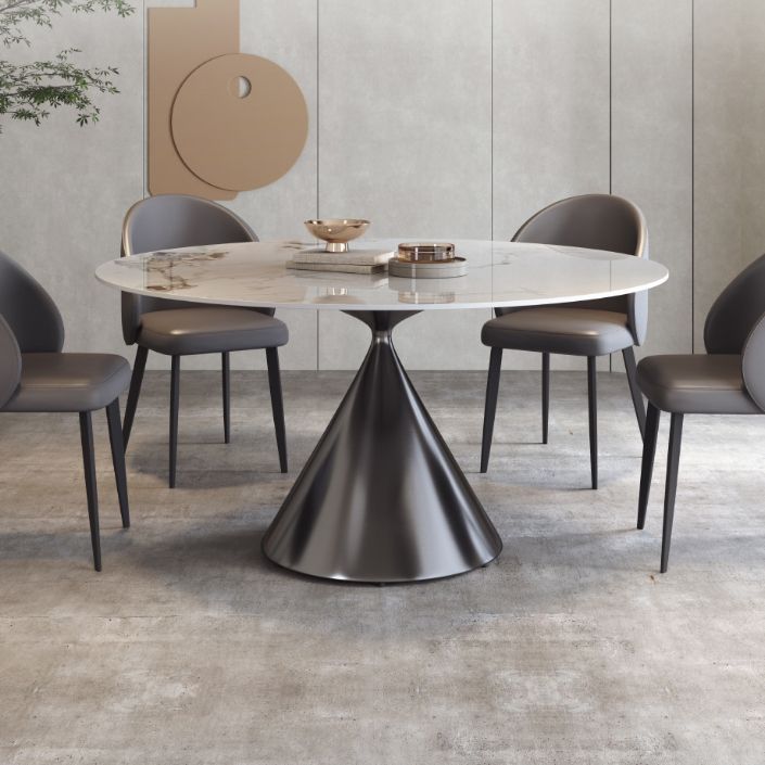 Modern Round White Stone Top Dining Table with Grey Pedestal
