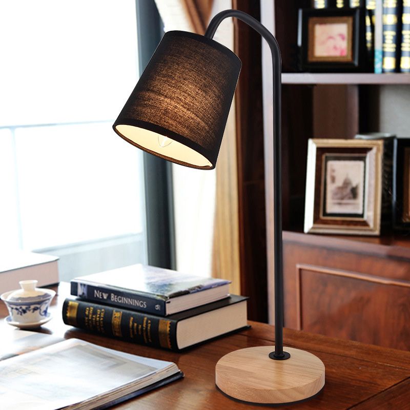 Conical Fabric Task Light Modernism 1 Bulb Black Small Desk Lamp with Beige Round Wood Base