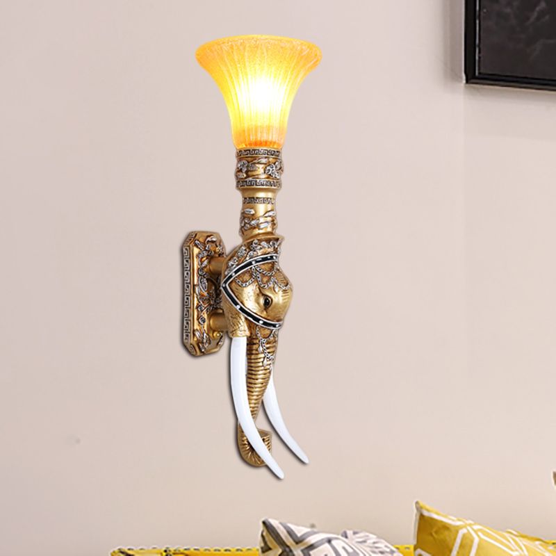 Elephant Corridor Wall Light Fixture Retro Stylish Resin 1 Bulb Gold Wall Mount Lamp with Bell Amber Glass Shade