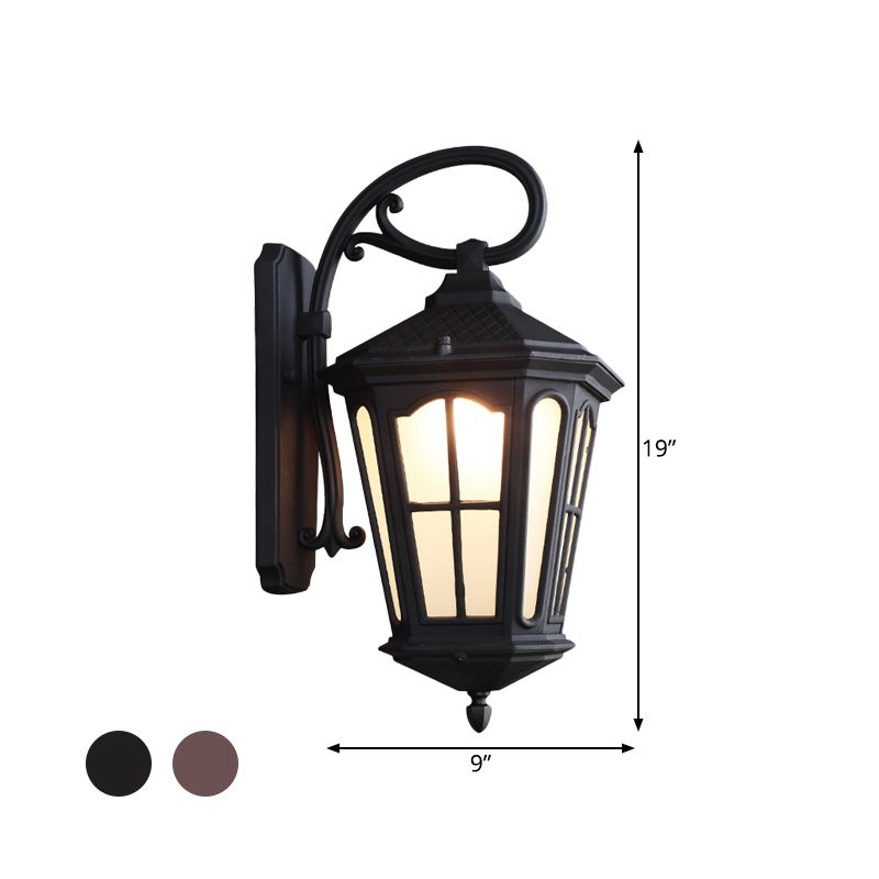 1 lughiplo a muro appeso Light Lodge Style Lantern White Glass Plipce in nero testurizzato con braccio in pilo