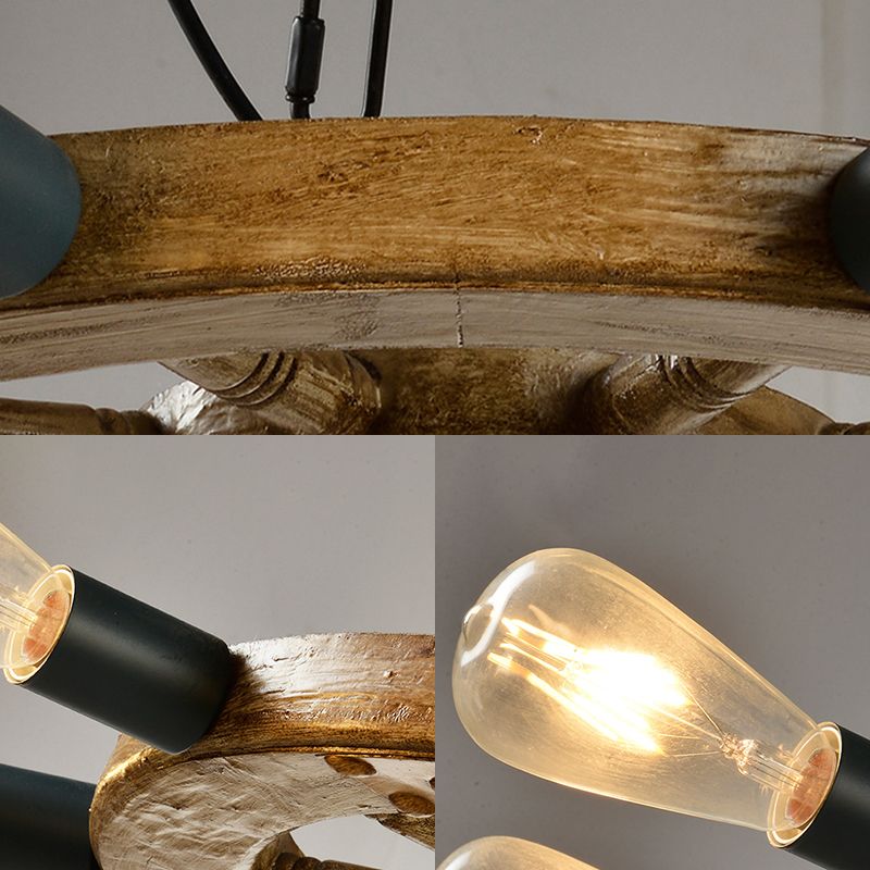 Plafonnier en forme de roue Plafond lustre bois industriel Black Black Prowing Ayerfur avec chaîne