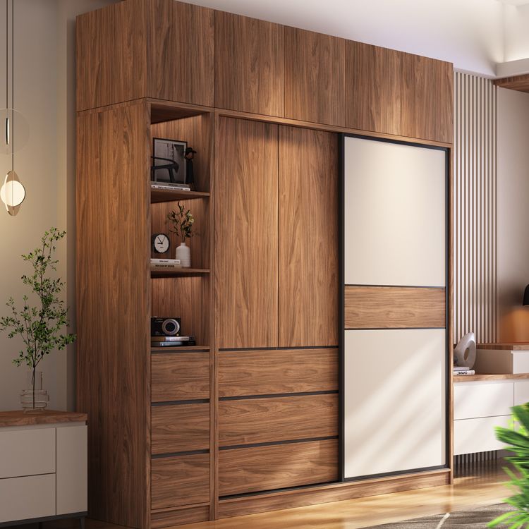 Modern Freestanding Wardrobe Brown Wood Wardrobe Armoire with Drawers