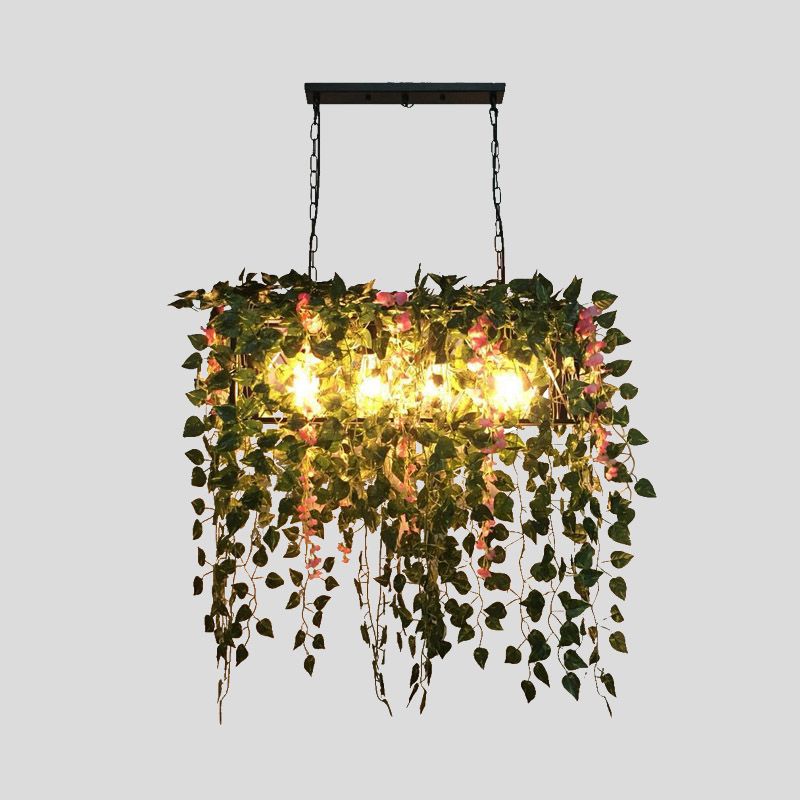 Rectangle Restaurant Island Ceiling Light Retro Metal 4 Heads Black LED Drop Lamp with Plant Decor