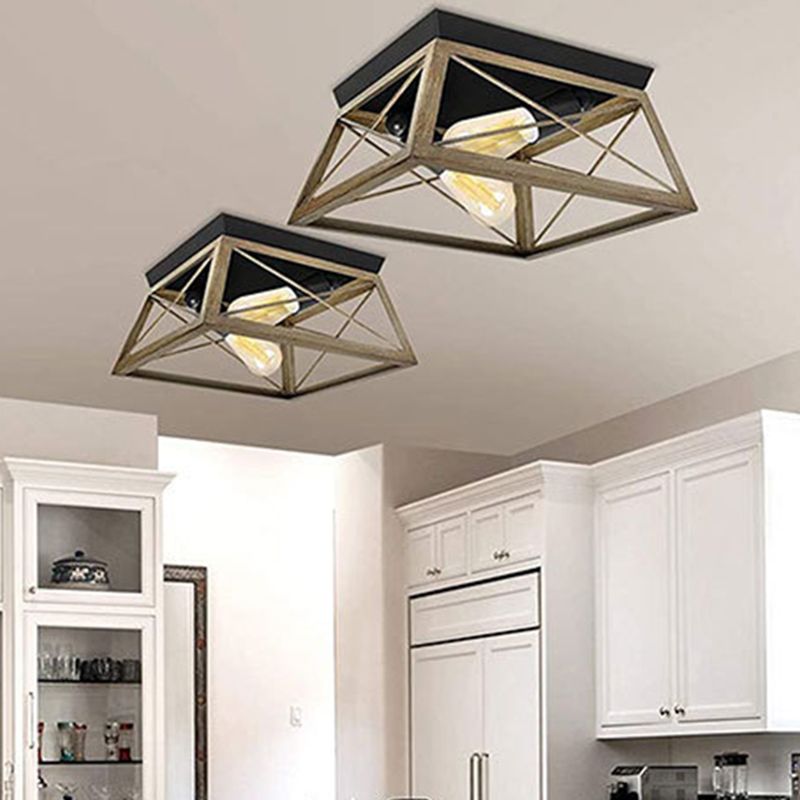 Square Dinning Room Flush Ceiling Light Fixture Industrial Metal Close To Ceiling Lighting