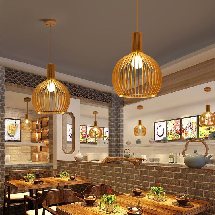 Modern Wood Pendant Lighting Fixture 1-Light Suspension Pendant Light in Natural Wood