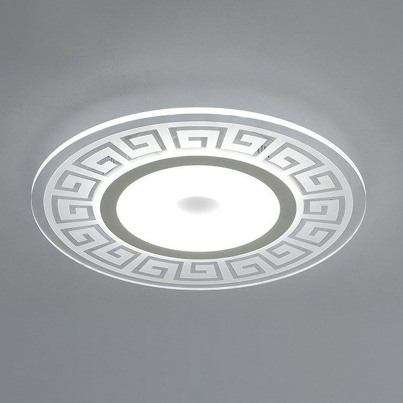 Luz empotrada LED de forma redondeada acrílica, luz de techo blanca artística, montaje empotrado con decoración de llave griega para dormitorio