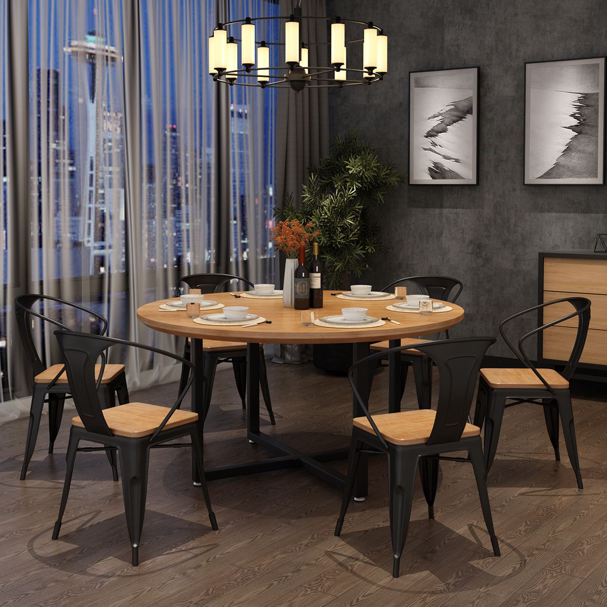 Metal Modern Round Indoor Table Pine Wood Top Table for Dining Room