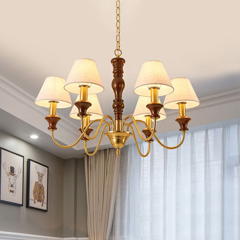 Fabric Conical Hanging Ceiling Light Rural Style 6/8 Heads Living Room Chandelier in White with Curved Arm
