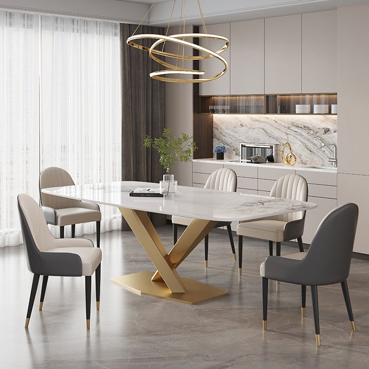 Modern White Rectangular Stone Dining Table with Metal Pedestal Base