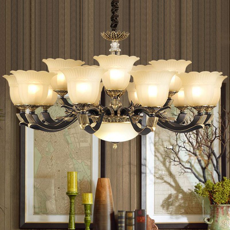 Frostglas goldschwarzer Kronleuchter hell Blumenretro-Anhängerleuchte für Esszimmer