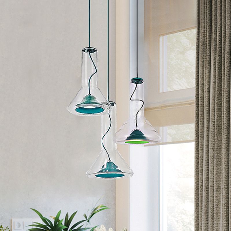 Blue/Rose Gold Conical Hanging Lamp Macaron Style Iron LED Pendant Ceiling Light with Extra Outer Funnel Shade
