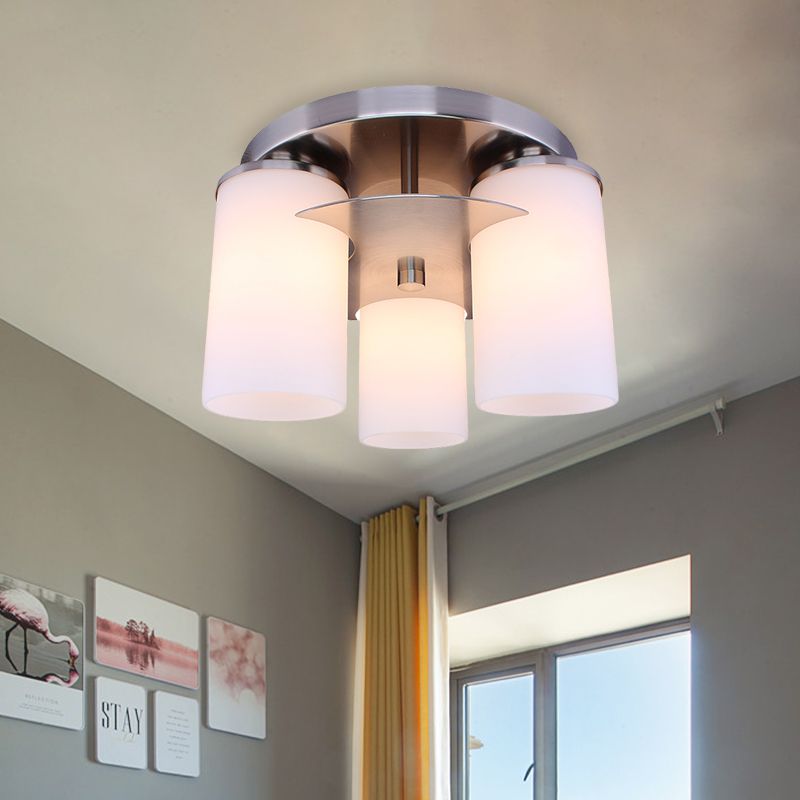 3 Lights Bedroom Flush Mount Lighting Modernism Chrome Flush Lamp Fixture with Cylinder Cream Glass Shade