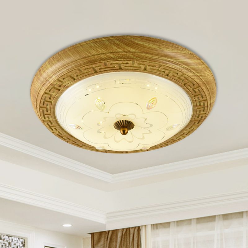 Plafonnier LED en bois avec abat-jour en forme de dôme en verre, simple cercle jaune-marron, 14"/19,5" de largeur