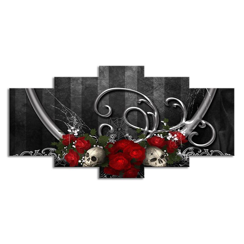 Cool Rose and Skull Canvas Print Boys Bedroom Fantasy Wall Art in Grey-Red