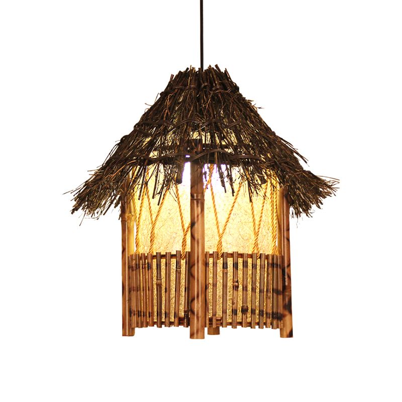 1 Head Handcrafted Pendant Light Chinese Wood Suspended Lighting Fixture in Brown