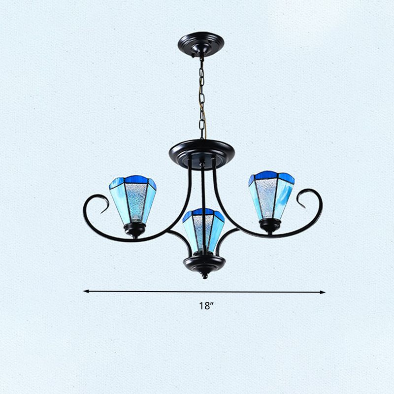 Black 3/6/8 Lights Ceiling Chandelier Baroque Blue Frosted Glass Cone Ceiling Pendant Light, 18"/27.5"/32.5" W