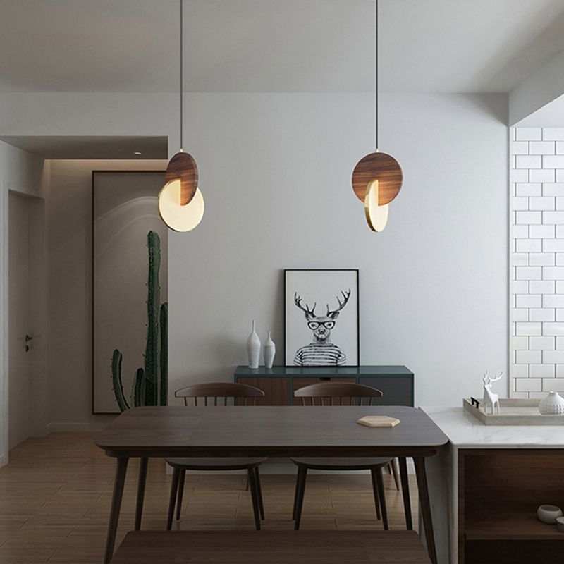 Dark Brown and Brass Disk Pendant Minimalist LED Wooden Suspension Light for Bedroom