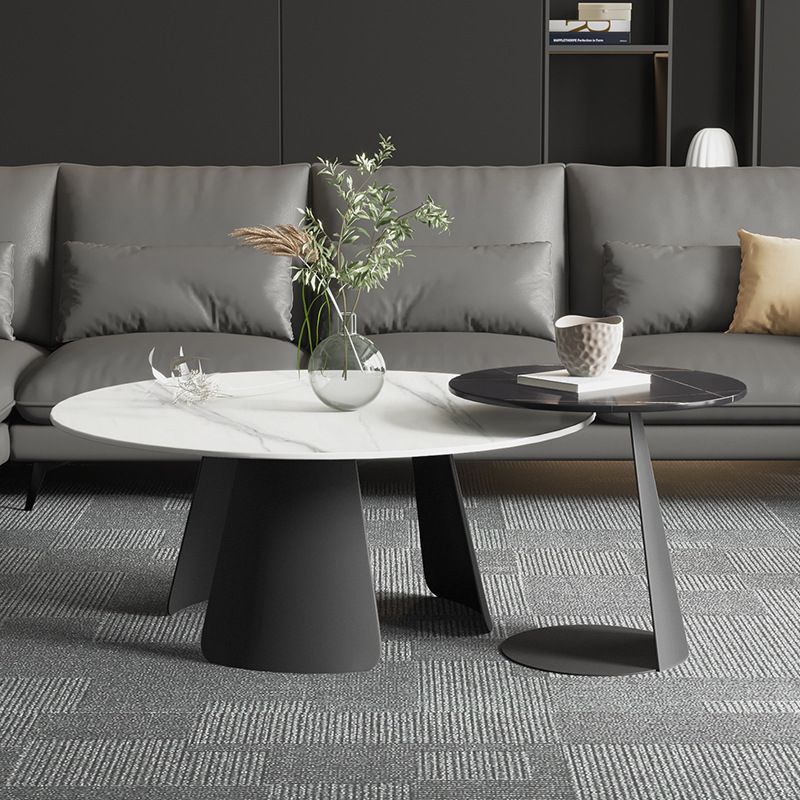 Modern Black and White Coffee Table Round Slate and Metal Table