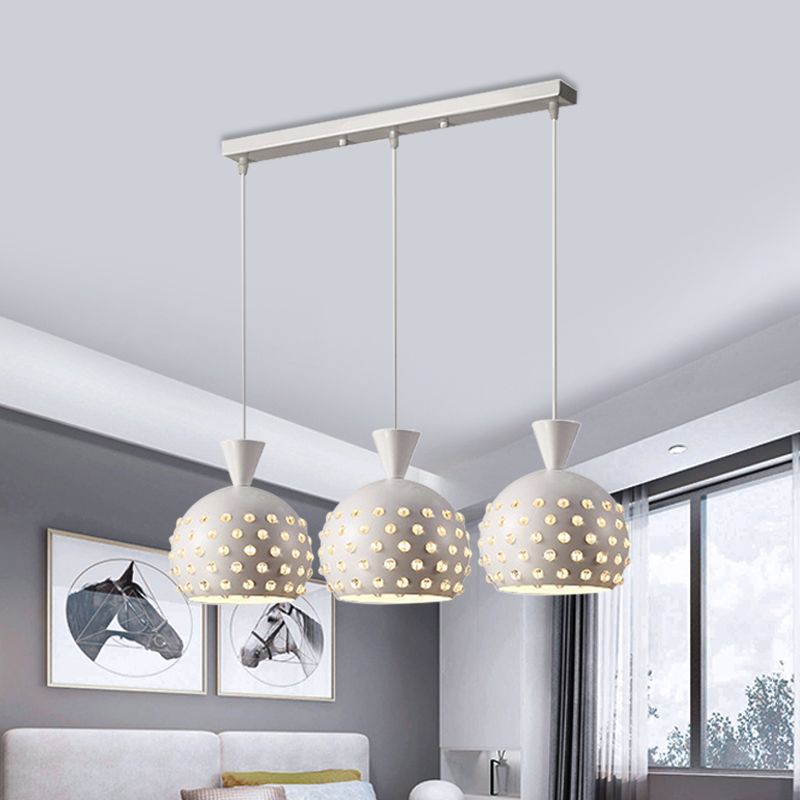 Domed Restaurant Pendulum Lamp Metal 3 Heads Minimalism Multiple Hanging Light with Crystal Bead Decor