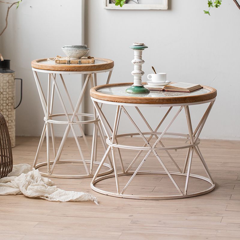 Round Shape Solid Wood End Table with Metal Base Corner Table for Living Room