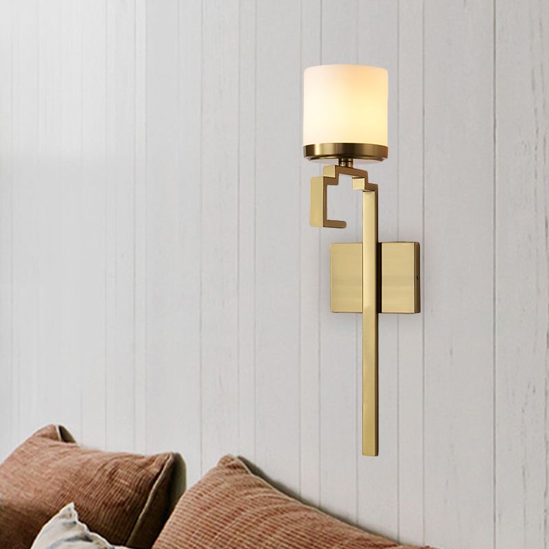 1 Bulb Pillar Sconce Lighting Mid Century Brass Opal Matte Glass Wall Light Fixture with Oriental Element
