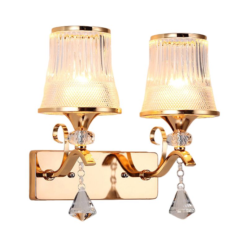 Vintage stijl bell sconce verlichtingsarmatuur helder glas 2 lichten slaapkamer gouden afwerking wandlamp met kristal accent