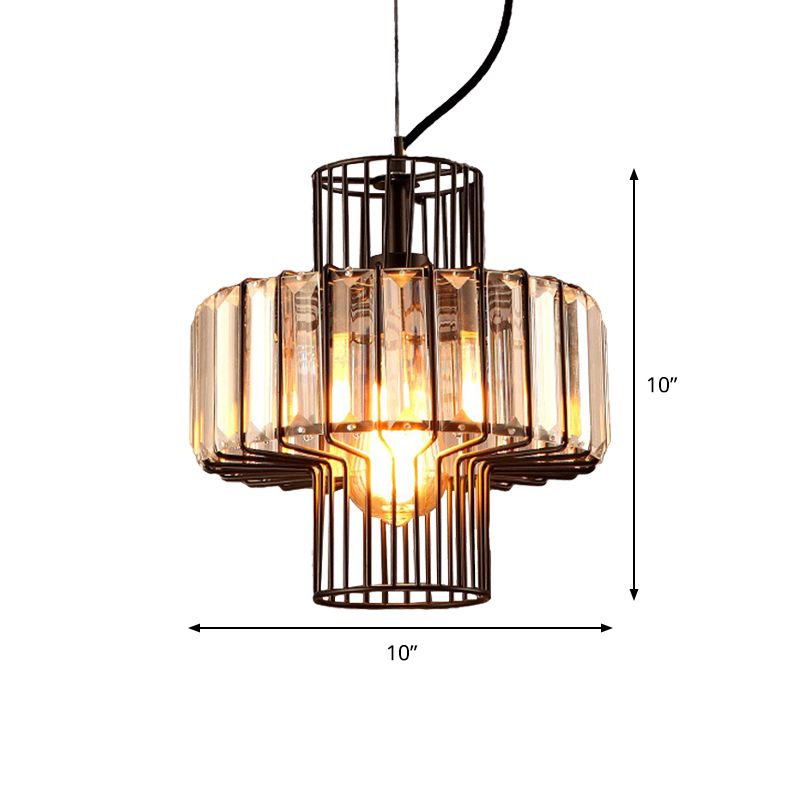 10"/12.5" Wide Minimalist Lantern Crystal Block Suspension Lighting 1 Head Ceiling Pendant in Black with Metal Cage
