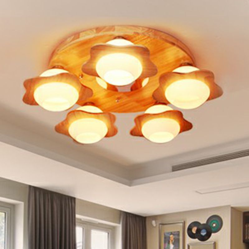 5 lichten slaapkamer spoelplafondlicht modern hout spoeling met bloem ivoor glazen schaduw