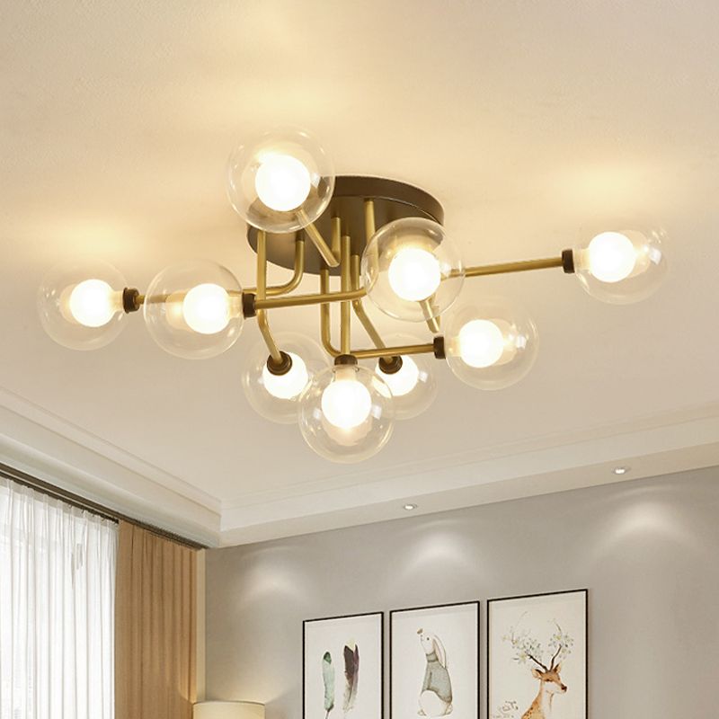 Clear Glass Sphere Semi Flush Lighting Modernism 9 Bulbs LED Ceiling Flush Mount in Gold