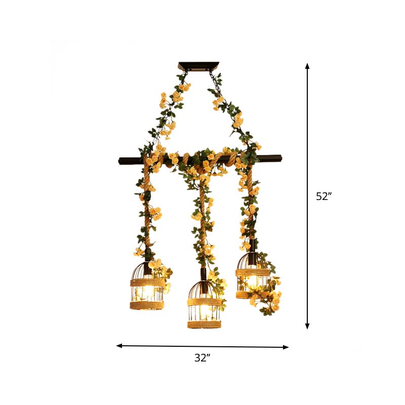 Birdcage Restaurant Island Lighting Industrial Hemp Rope 3/5-Light Black Ceiling Suspension Lamp