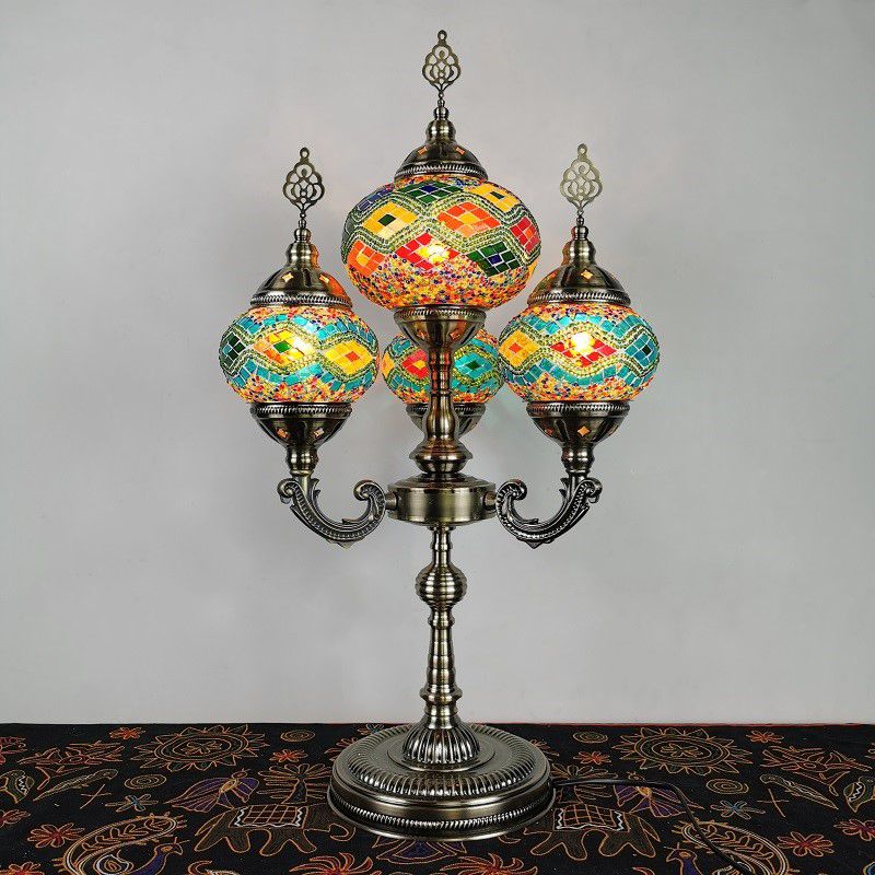 Stained Glass Candelabra Task Lamp Traditional 4 Lights Bedside Nightstand Lamp in Yellow/Orange/Blue