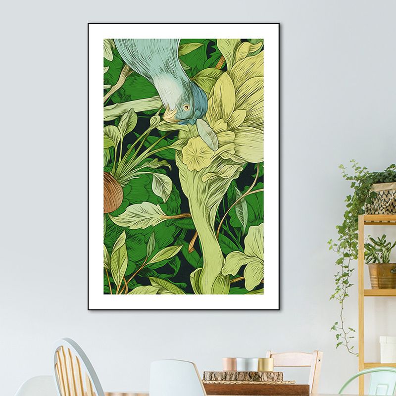 Green Childrens Art Wall Decor Illustration Bird and Flower Canvas Print for Dining Room