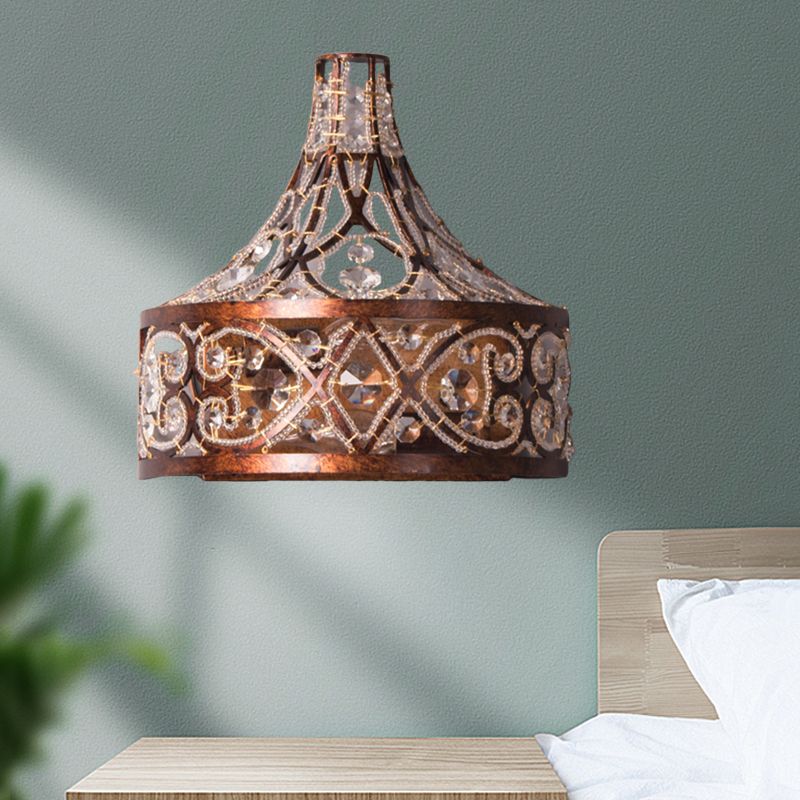Drum Living Room Wall Light Vintage Metal and Crystal 1 Light Rust Wall Sconce Light