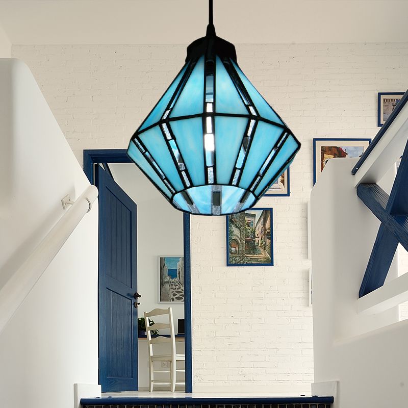 Schnittglas Diamond Drop Lampe Mediterraner 1 Kopfblau Mini -Anhängerbeleuchtung für Foyer