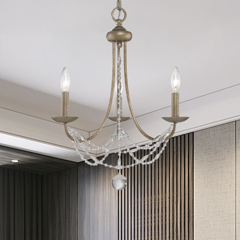3/6 Heads Metal Hanging Chandelier Traditional Silver Candelabra Pendant Lamp with Crystal Strand Deco