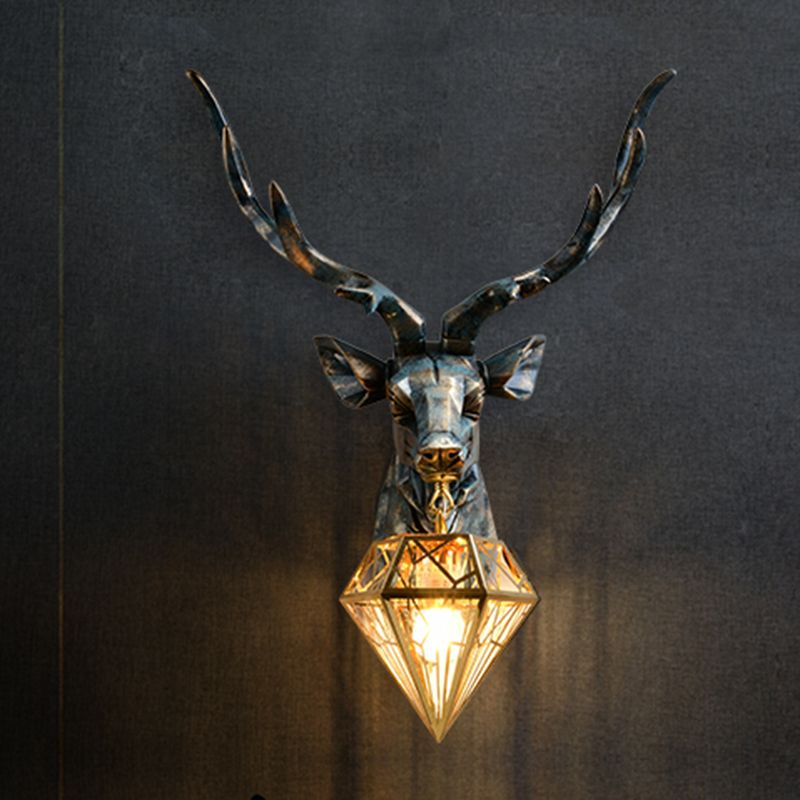 Resin Deer Wall Sconce Lighting Antique Style 1 Light Wall Light with Brass Diamond Shade, 14.5"/19.5" Wide