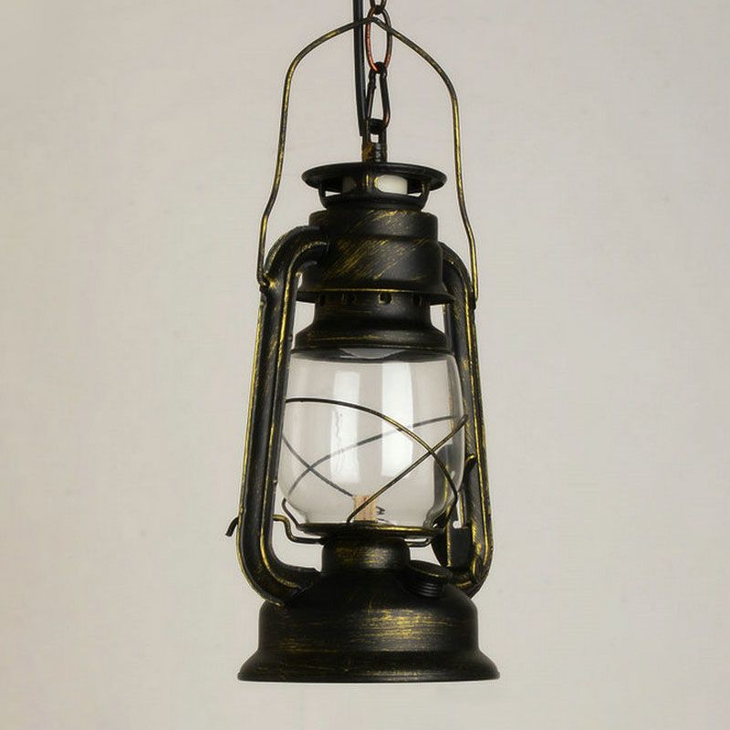 Nautical Kerosene Lantern Pendant Light Single-Bulb Clear Glass Hanging Lamp for Corridor