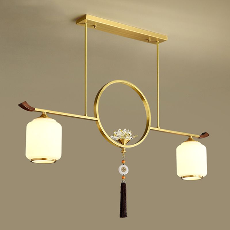 Modern Style Cylindrical Shape Island Lights White Glass 2-light Island Lighting in Gold