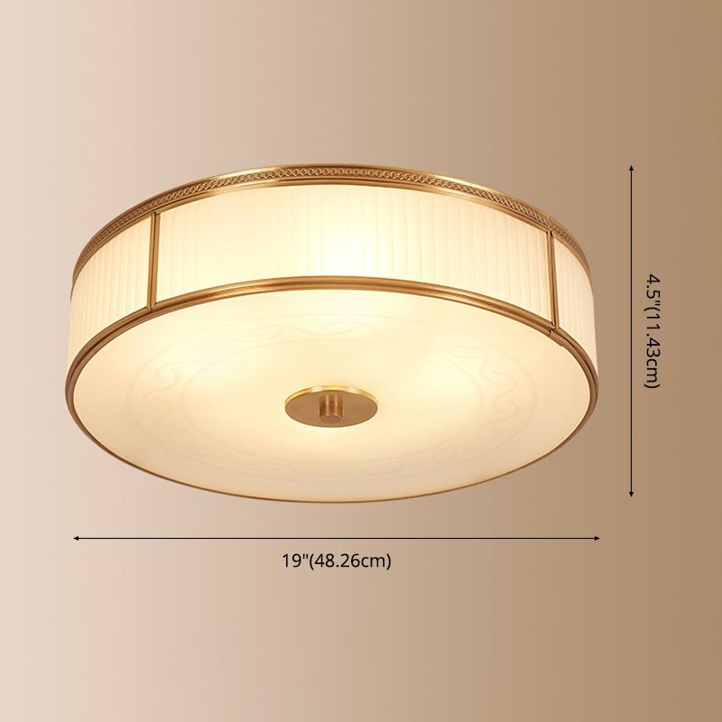 Plafonnier circulaire doré de style artistique colonial, plafonnier d'intérieur en cuivre avec abat-jour en verre