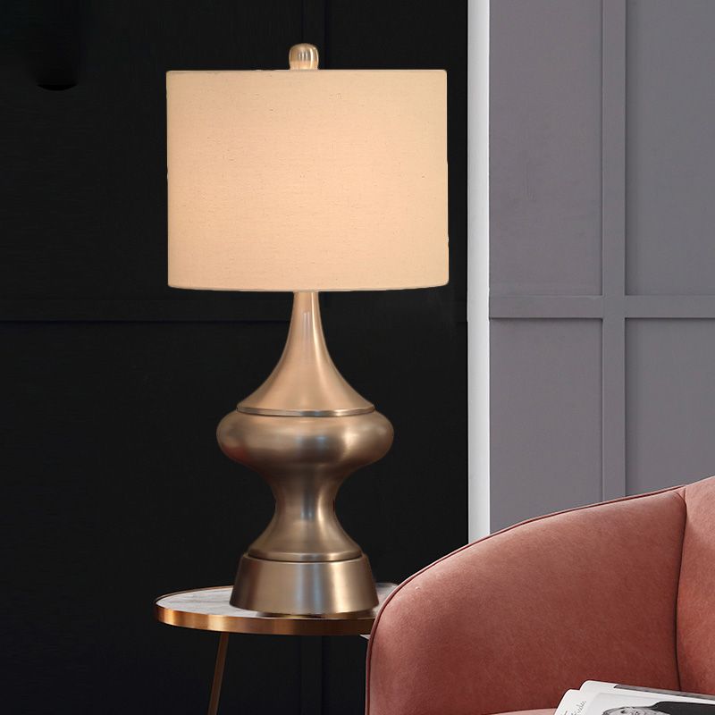 Bronze/Nickel Drum Shaped Desk Light Vintage Style Fabric 1 Light Guest Room Night Table Lamp