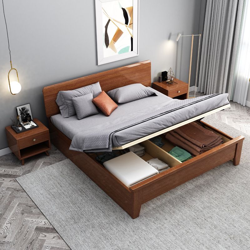 Queen Bed 43.3 Inch High Walnut Panel Bed in Brone with 4 Legs