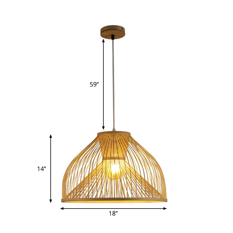 Bamboo Dome Suspension Pendant Light Contemporary 1 Head Wood Hanging Ceiling Light