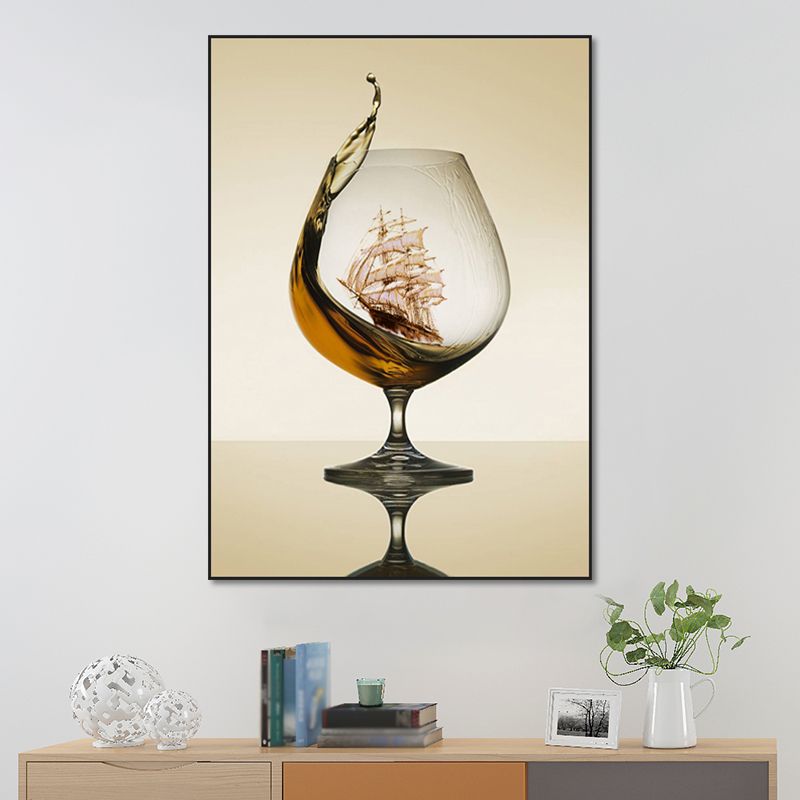 Modernism Canvas Wall Art in Brown Sailboat inside the Wine Glass Wall Decor for Kitchen