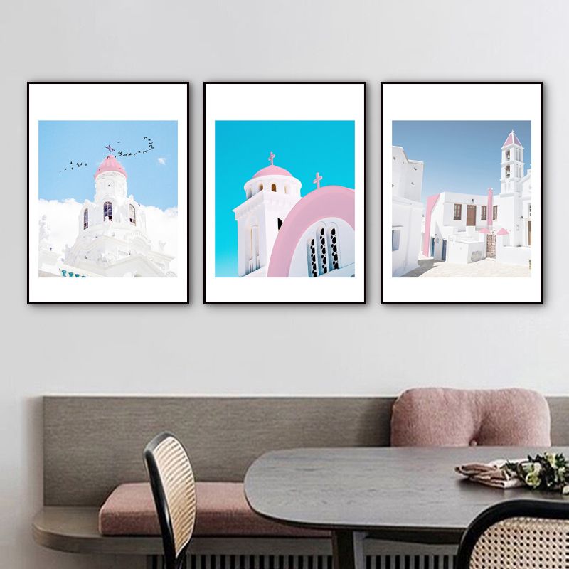 European Architecture Drawing Canvas Contemporary Textured Wall Art Set in Blue-White