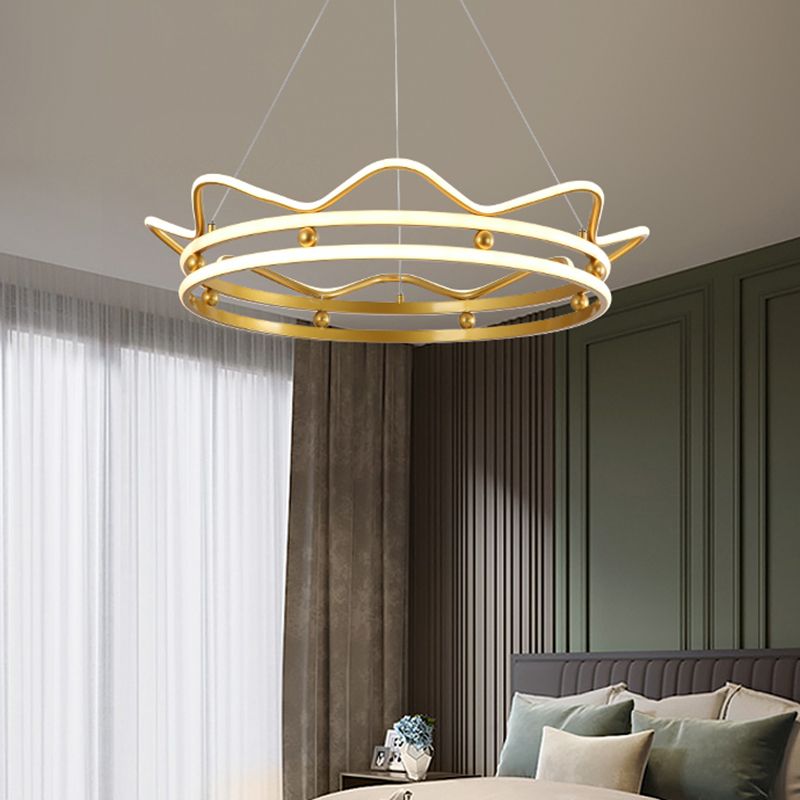 Metal Crown Frame Hanging Light Modernist LED Gold Chandelier Pendant Light for Bedroom