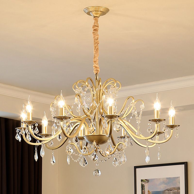 Clear Crystal Pendant Lamp with Candle Lamp Holder Vintage Country Style Chandelier Lighting in Gold