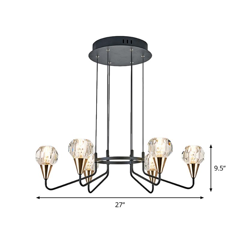 6/8 Glühbirnen Wohnzimmer Suspension Licht Minimalismus Schwarzer Kronleuchter mit runden Facettenkristallschatten