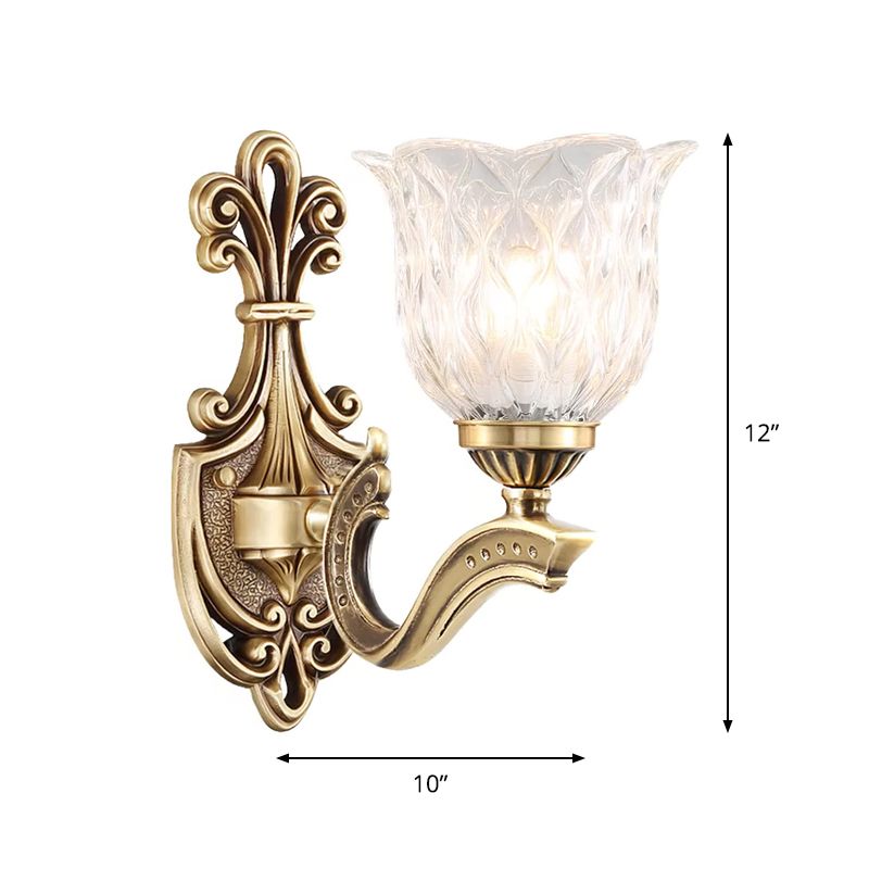 1/2-Head Wall Lighting Idea Cottage Blossom Clear Lattice Glass Brass Sconce Light Fixture