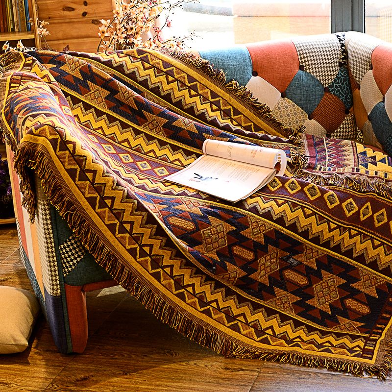 Boho Seamless Print Rug Turmeric Cotton Carpet Machine Wash Rug with Tassel Trim for Room