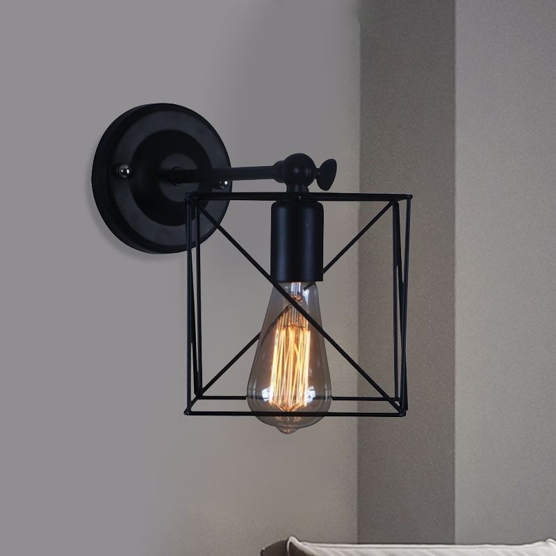 1 Head Metal Wall Lighting Antique Style Black Squared Cage Shade Bedroom Wall Mounted Lamp